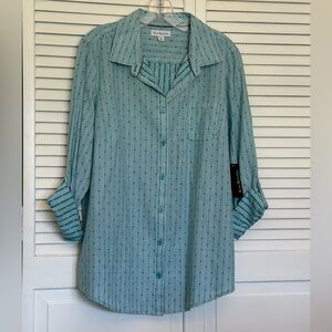 Kim Rogers Ladies Button DownTeal Stripe-Dot Pattern Shirt. XL. NWT